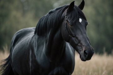 Close-up of Black Horse with Shiny Long Mane