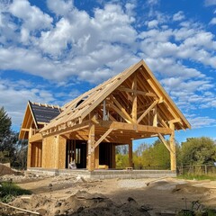 Wooden frame construction with truss, post, and beams for new house manufacturing project