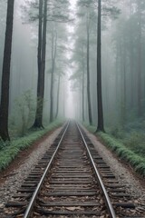 Fototapeta premium Misty Forest: Railroad in Natural Setting