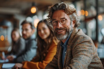 Mature bearded man in a tweed jacket smiling with coworkers at a modern workplace - obrazy, fototapety, plakaty
