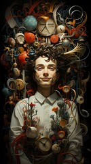 Surreal Portrait with Clocks and Whimsical Objects,A detailed illustration of a person surrounded by an eclectic mix of clocks and whimsical items evoking concepts of time, curiosity, and surrealism.
