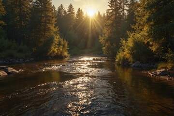 Obraz premium River in the Forest, Illuminated by Morning Sunlight
