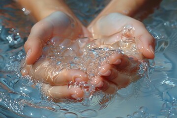 Fototapeta premium Gentle hands cupping crystal clear water, symbolizing purity, care, and environment-consciousness