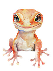 Ai Generated Art Watercolor Portrait Of Cute Childish Orange Gecko Iguana in Pastel Colors Isolated On White Background