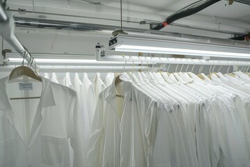 Organized clothes on hangers after dry-cleaning indoors for tidy wardrobe interior display
