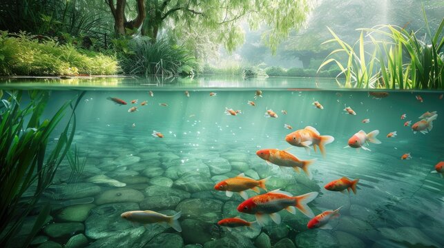 An image of serene nature with water and beautiful fish