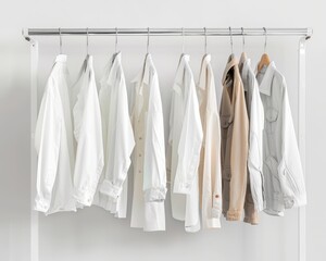 Freshly dry-cleaned apparel hanging neatly on rack indoors, ready to wear or display