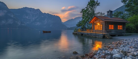 Fototapeta premium wooden cabin at riverside in tranquil scenery, Generative Ai