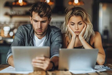 A young man and woman sit side by side immersed in work, laptops open in a warm, rustic cafe environment