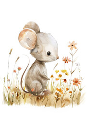Ai Generated Art Watercolor Portrait Of Cute Mouse In a Wild Flower Field in Pastel Colors Isolated On White Background