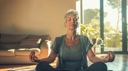 Senior woman doing yoga meditation morning routine at home - Healthy elderly lifestyle concept - Models by AI generative