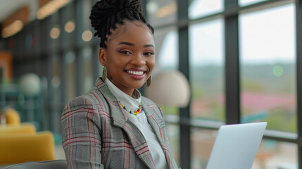 Young african business woman smiling in front of camera while using computer laptop inside modern office - Models by AI generative