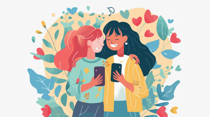 Young women embrace each other and hold smartphone