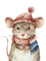 Ai Generated Art Watercolor Portrait Of Cute Mouse In an Pink Hat and Scarf in Pastel Colors Isolated On White Background