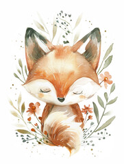 Ai Generated Art Watercolor Portrait Of Sleepy Baby Fox in a Flower Field in Pastel Colors Isolated On White Background