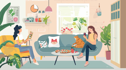 Young women sitting on sofa and eating pizza in the l
