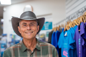 Happy man wearing an outback hat in a shop