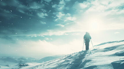 Picture the tranquility of a winter day with a hiker trekking along a snowy ridge. The HD camera outlines the silhouette against the bright sky and pristine snow, capturing the serene beauty 