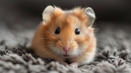 A small brown and white hamster sitting on a gray carpet, AI
