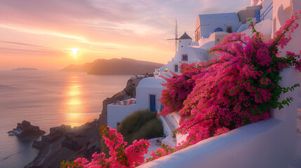 Santorini island Greece. White architecture with pink flowers