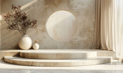 A golden podium with a circular stage and wooden wall background. Created with Ai