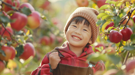 happy smiling kid go apple picking
