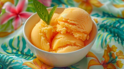 A bowl of orange gelato with fresh mint leaves on a table