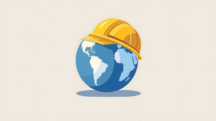 A globe with a hard hat on it, flat illustration, work place safety and labor day background with copy space