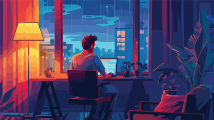Young man studying online at home in evening Vector illustration