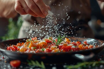 An artistic shot of a chef's hands sprinkling salt onto a pan of fresh cherry tomatoes and rosemary