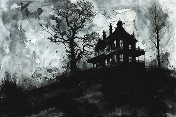 Gothic Haunted Mansion Dark Silhouettes of a Haunted House for Halloween Art
