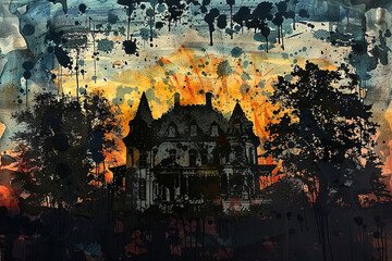 Gothic Haunted Mansion Dark Silhouettes of a Haunted House for Halloween Art