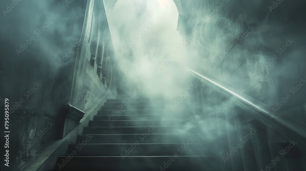 Poster staircase disappearing into mist, creating an ethereal atmosphere