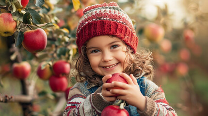 happy smiling kid go apple picking