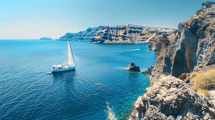 Santorini island Greece. Yacht sailing ne the sea 