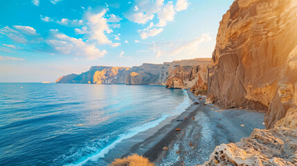 Santorini island Greece. Yellow pumice volcanic cliffs - obrazy, fototapety, plakaty