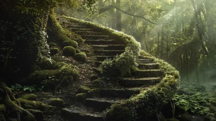 Raamstickers Staircase winding through a forest, symbolizing a journey into nature © KerXing