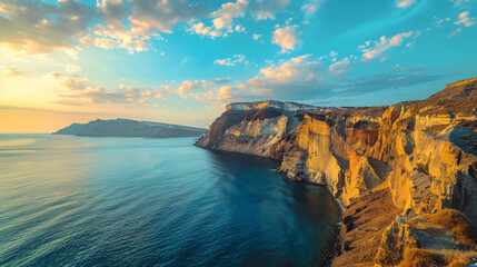 Santorini island Greece. Yellow pumice volcanic cliffs - obrazy, fototapety, plakaty