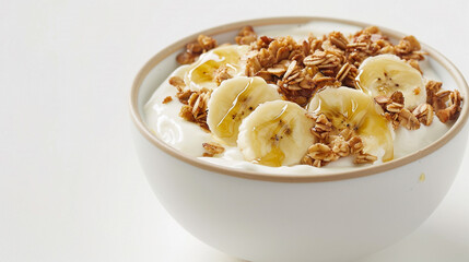 A bowl of creamy Greek yogurt topped with granola clusters, sliced bananas, and honey drizzle creating an appetizing and wholesome breakfast or snack option against a minimalist white backdrop.