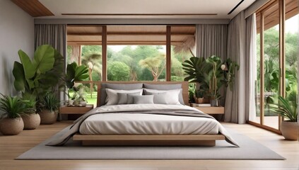 Modern bedroom with tropical style garden view 3d render,The Rooms have wooden floors ,decorate with gray fabric bed,There are large sliding doors, Overlooks wooden terrace and green garden.

