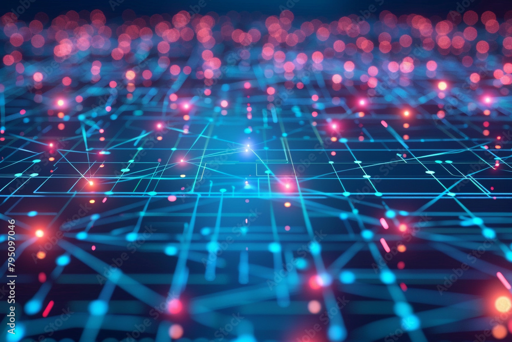 Poster graphic representation of interconnected data points in a high-tech information grid