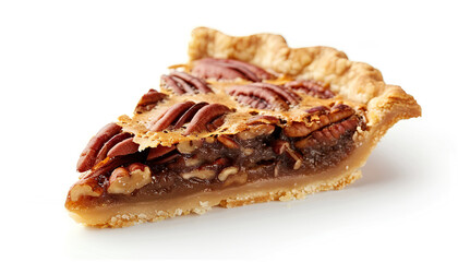 Piece of tasty pecan pie on white background