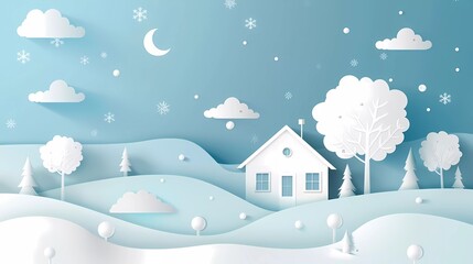 winter vector illustration. paper art design. House in winter covered with snow 