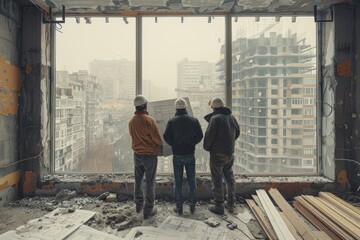 A detailed image showing three construction workers analyzing building plans on-site, reflecting teamwork and urban development
