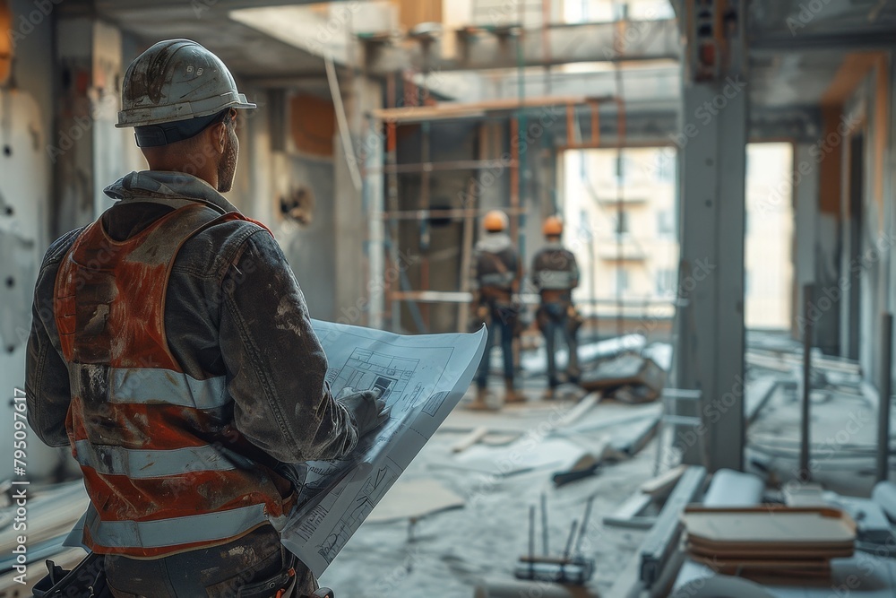 Poster an architect with a hardhat and reflective vest holding blueprints on a busy construction site check