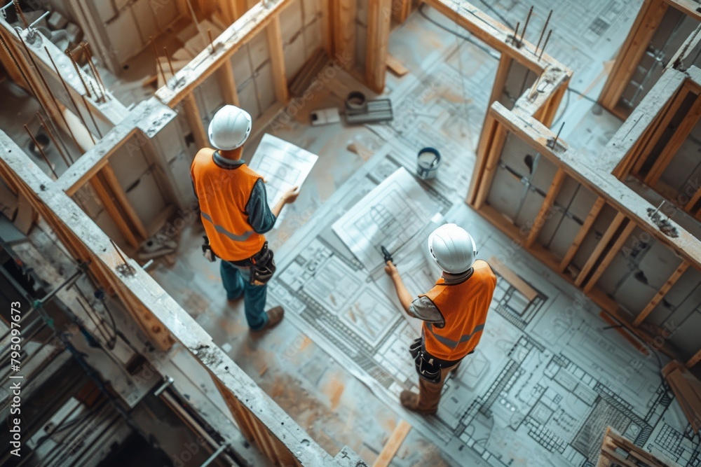 Poster elevated view of two architects in orange vests discussing plans over large blueprints at a construc