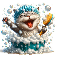 A cheerful fluffy kitten, smiling with his mouth open, washing himself, with a bath cap on his head all in soapy foam and soap bubbles. Happy face