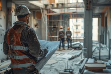 An architect with a hardhat and reflective vest holding blueprints on a busy construction site checking details