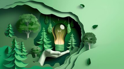 Green environmental creative idea concept. Environmentally friendly human and nature life with energy saving and conservation concept paper art style