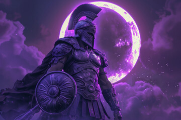 Greek hero adorned with armor made of exceptional purple pistons under a crescent moon 